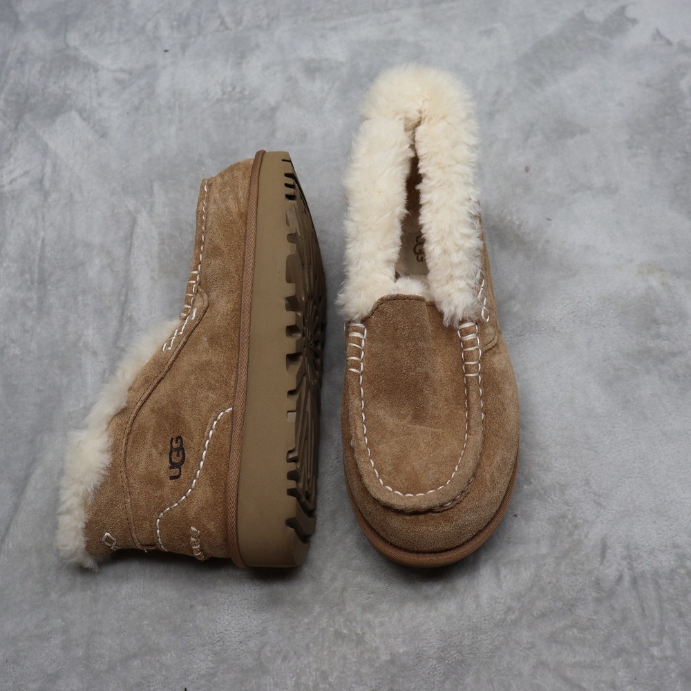 UGG Womens 8 Moccasin Brown Ansley Suede Platform Sheepskin Fur Slippers NEW